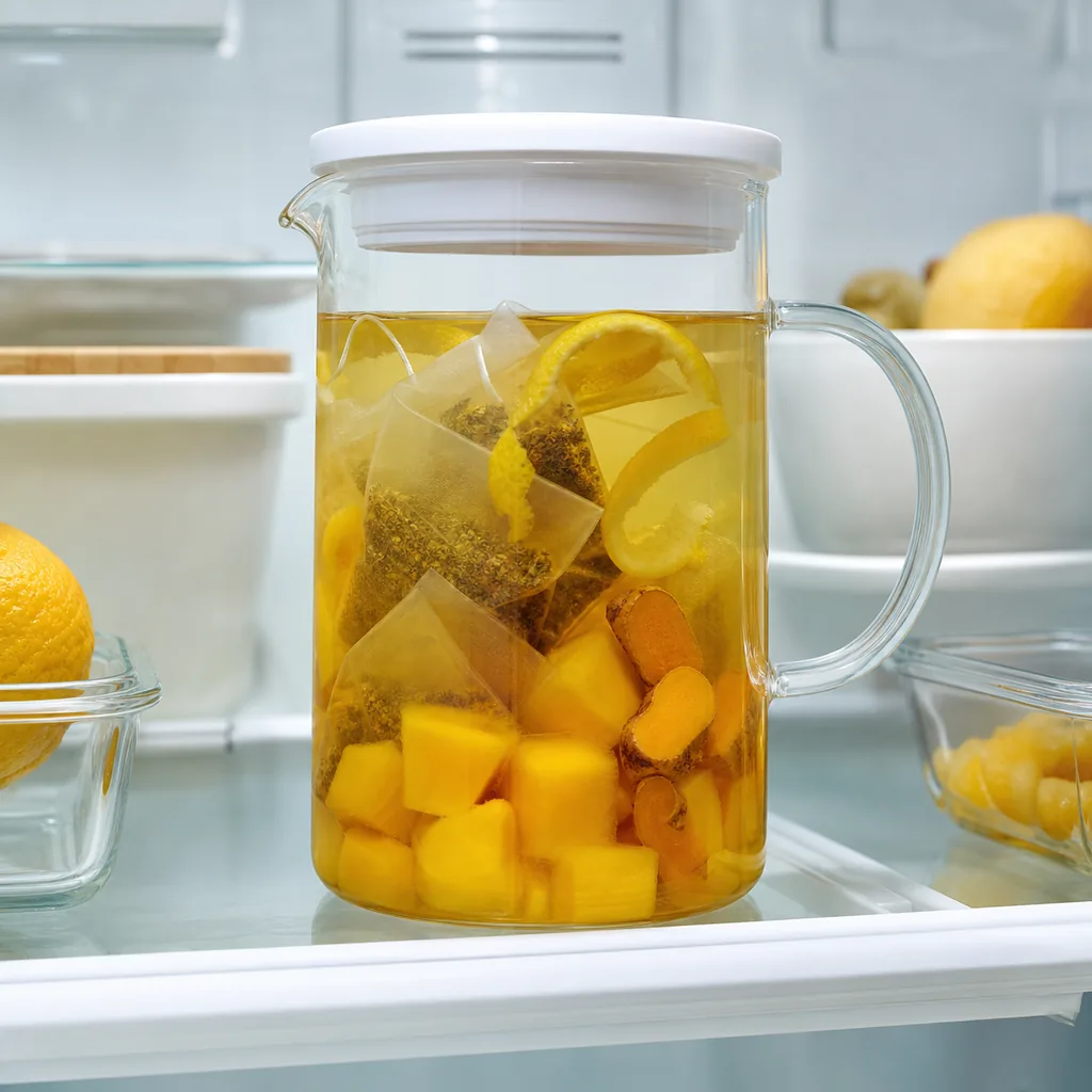 Mango turmeric tea steeping under refrigeration
