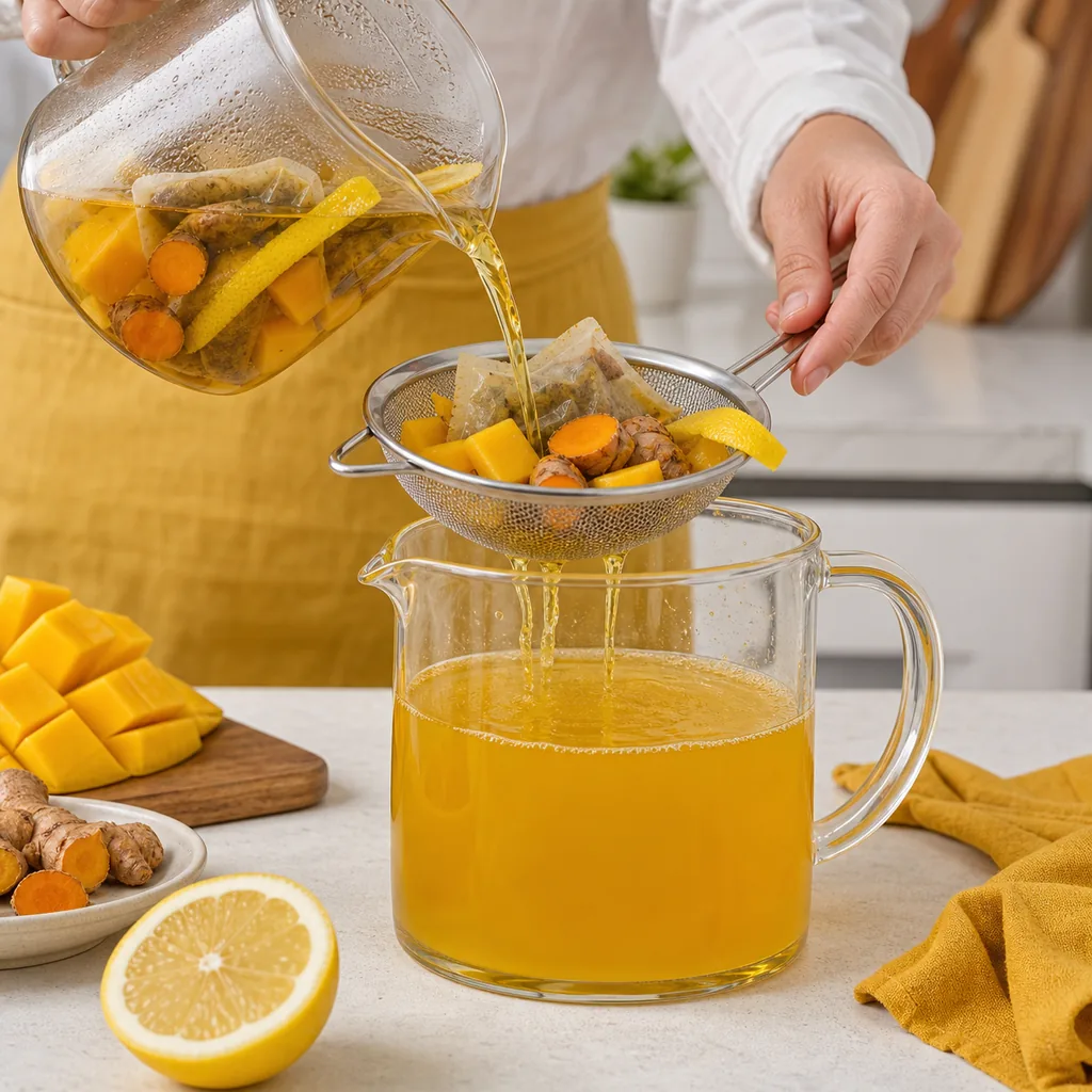 Mango turmeric cold-brew tea being strained