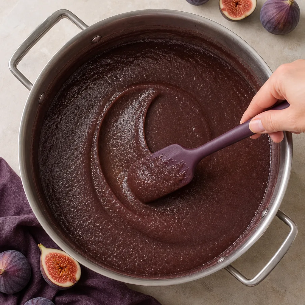 Smooth fig butter reducing in a saucepan