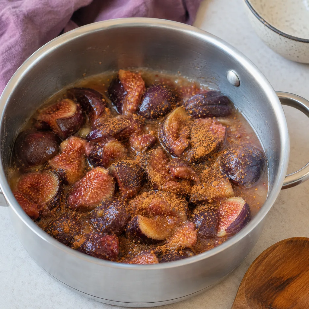 Quartered figs softening in a wide saucepan