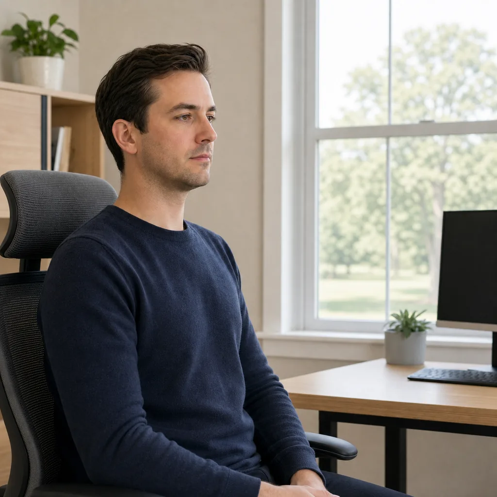 Desk worker looking toward a distant target during a screen break