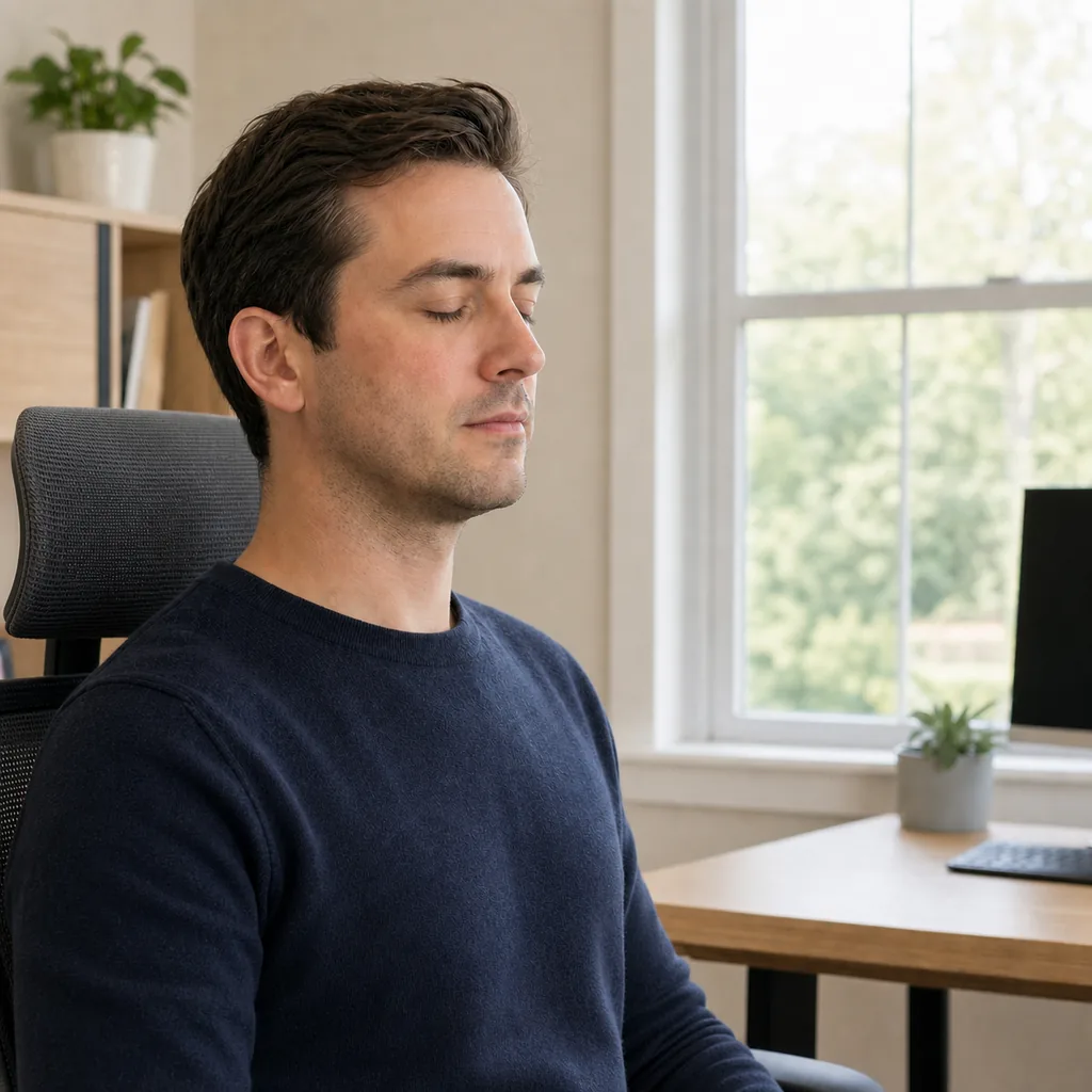 Desk worker practicing gentle deliberate blinking