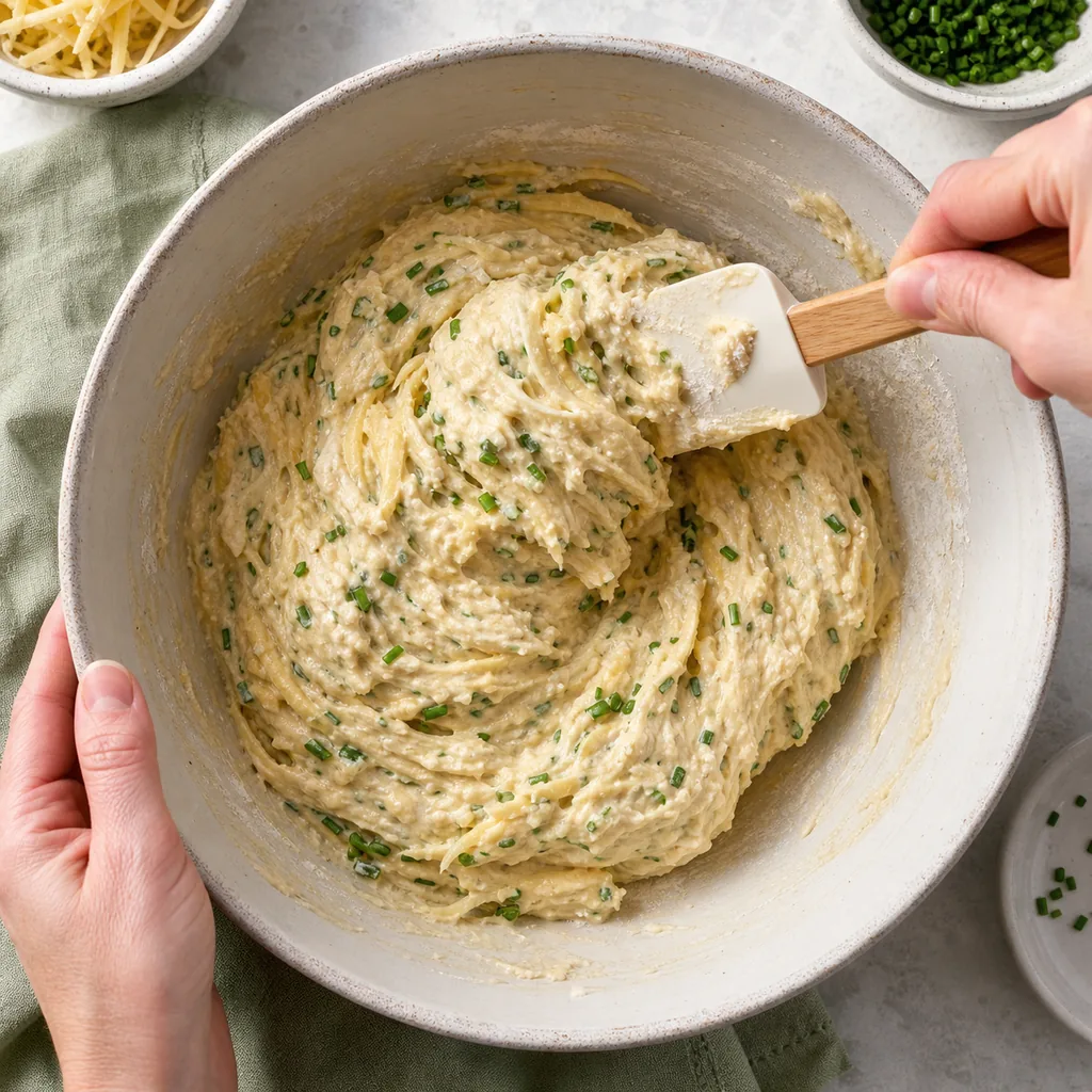 Smoked Gouda and chive quick-bread batter being folded