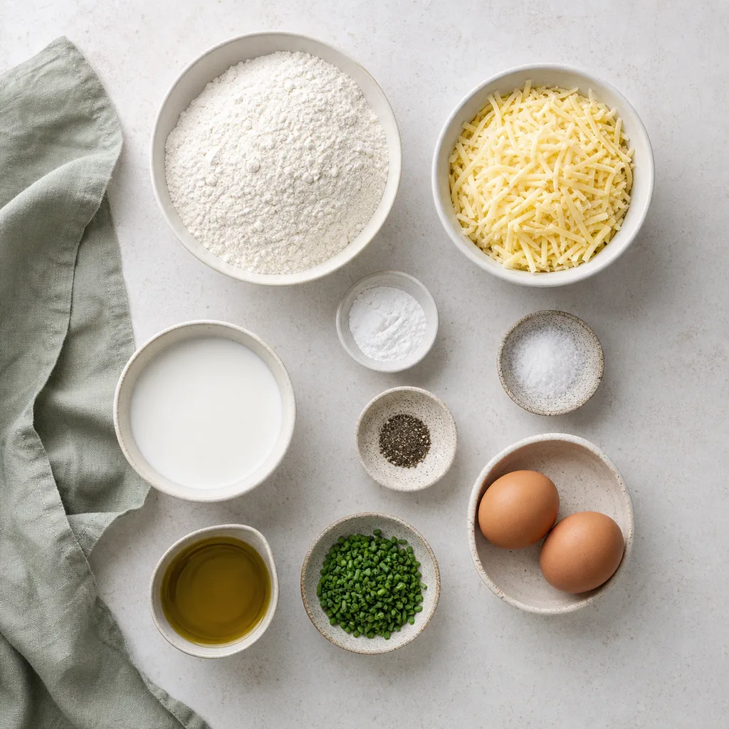 Measured ingredients for smoked Gouda chive quick bread