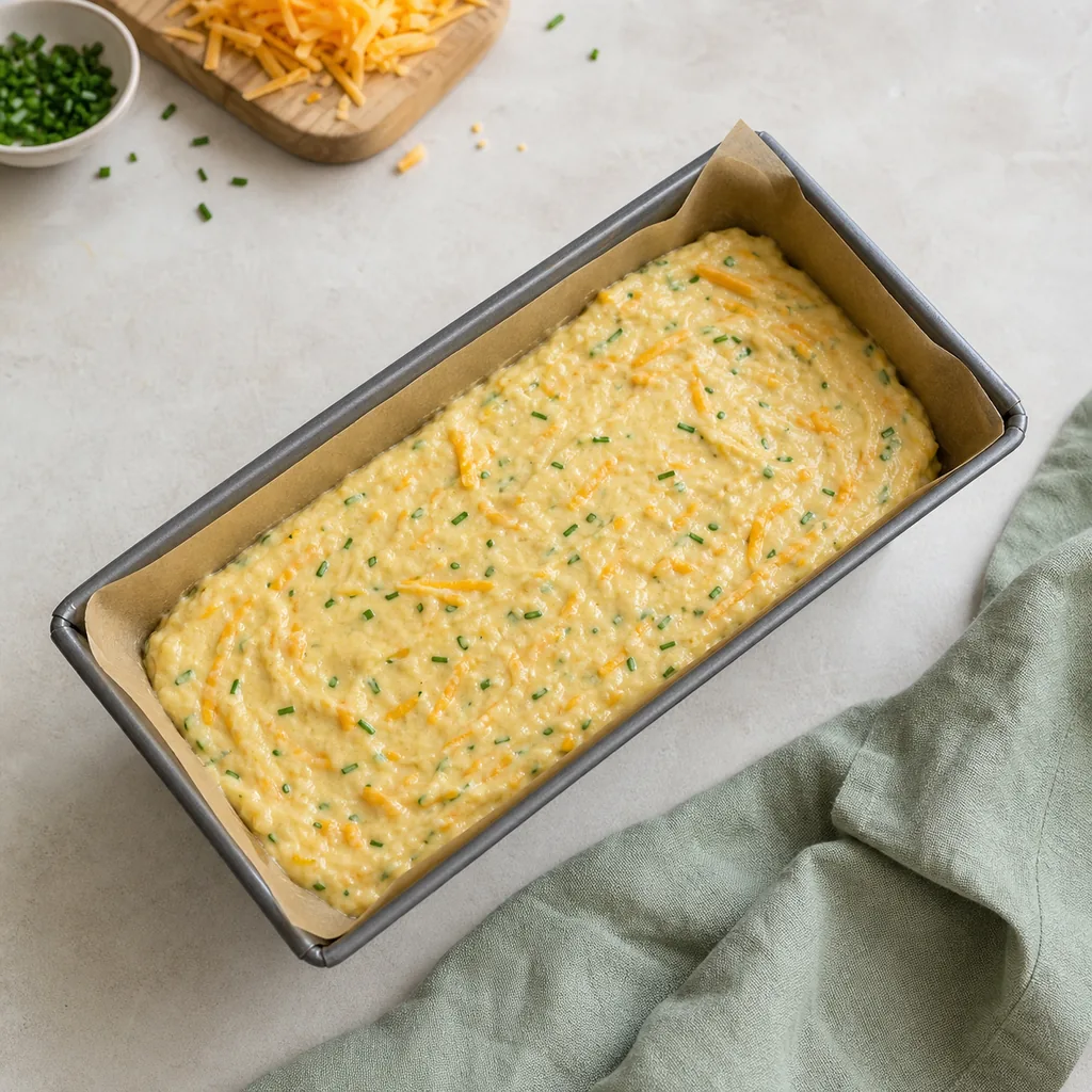 Smoked Gouda chive batter in a parchment-lined loaf pan