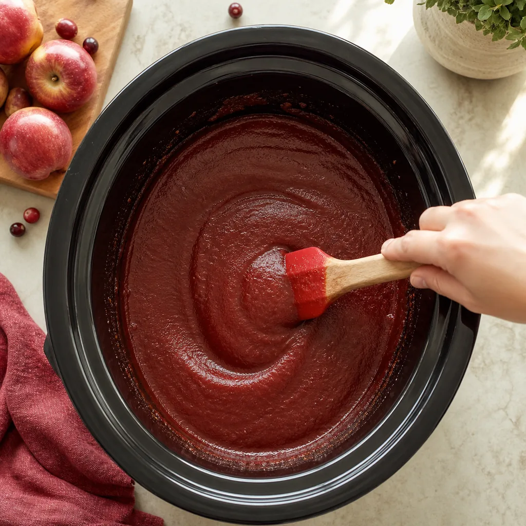 Smooth cranberry apple butter reducing in a slow cooker