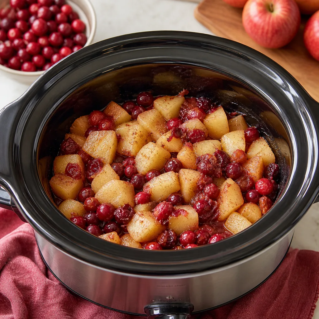 Cranberries and apples softening in a slow cooker