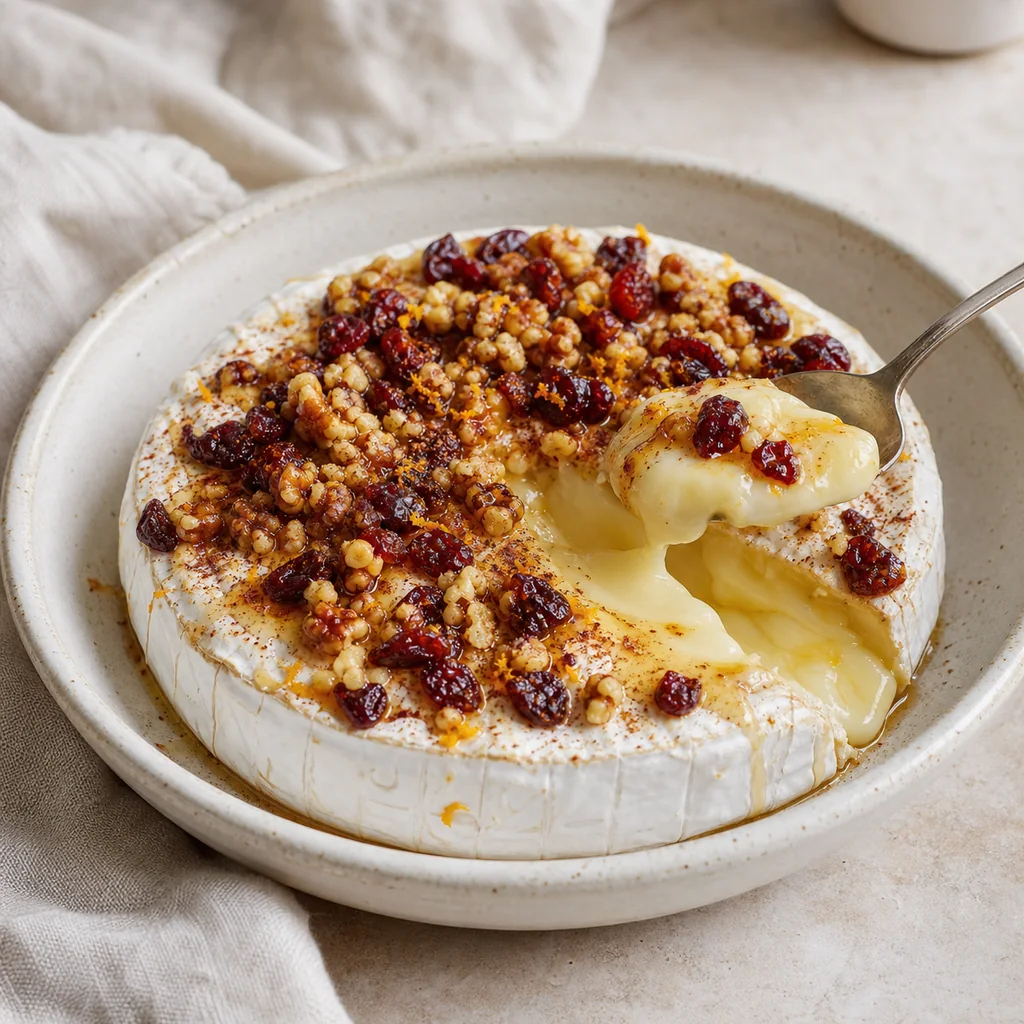 Soft baked Brie center served with cranberry walnut topping