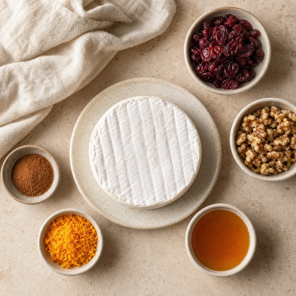 Measured ingredients for baked Brie with cranberries and walnuts