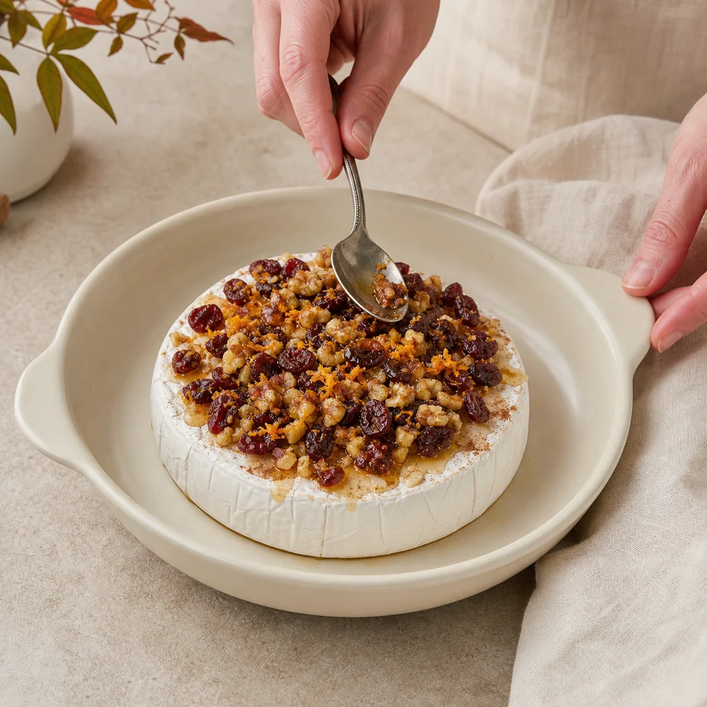 Brie topped with cranberries and walnuts before baking