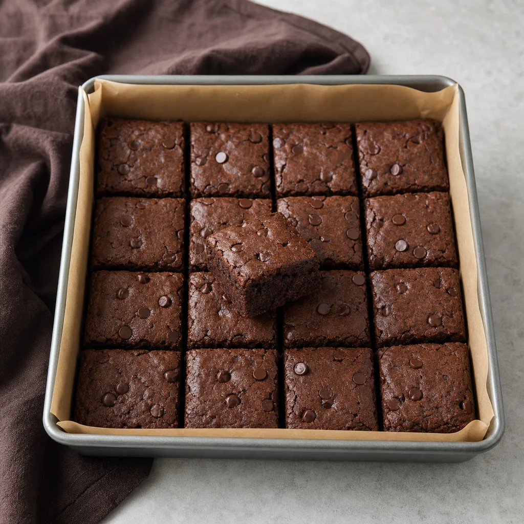 Cooled zucchini brownies cut into sixteen squares