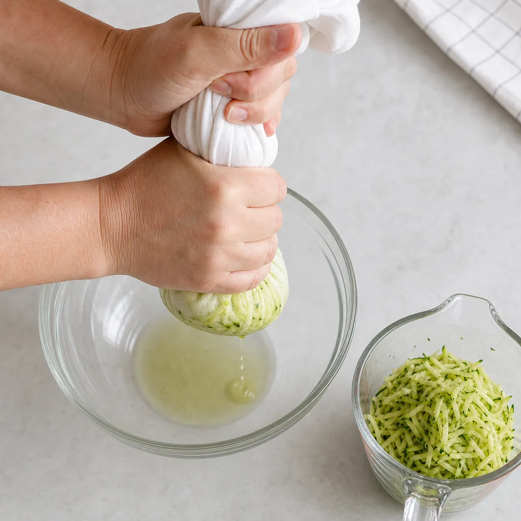 Finely shredded zucchini being squeezed dry