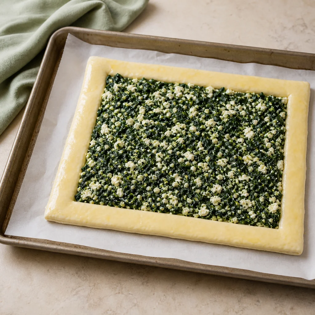Unbaked spinach feta filling inside a scored puff pastry border