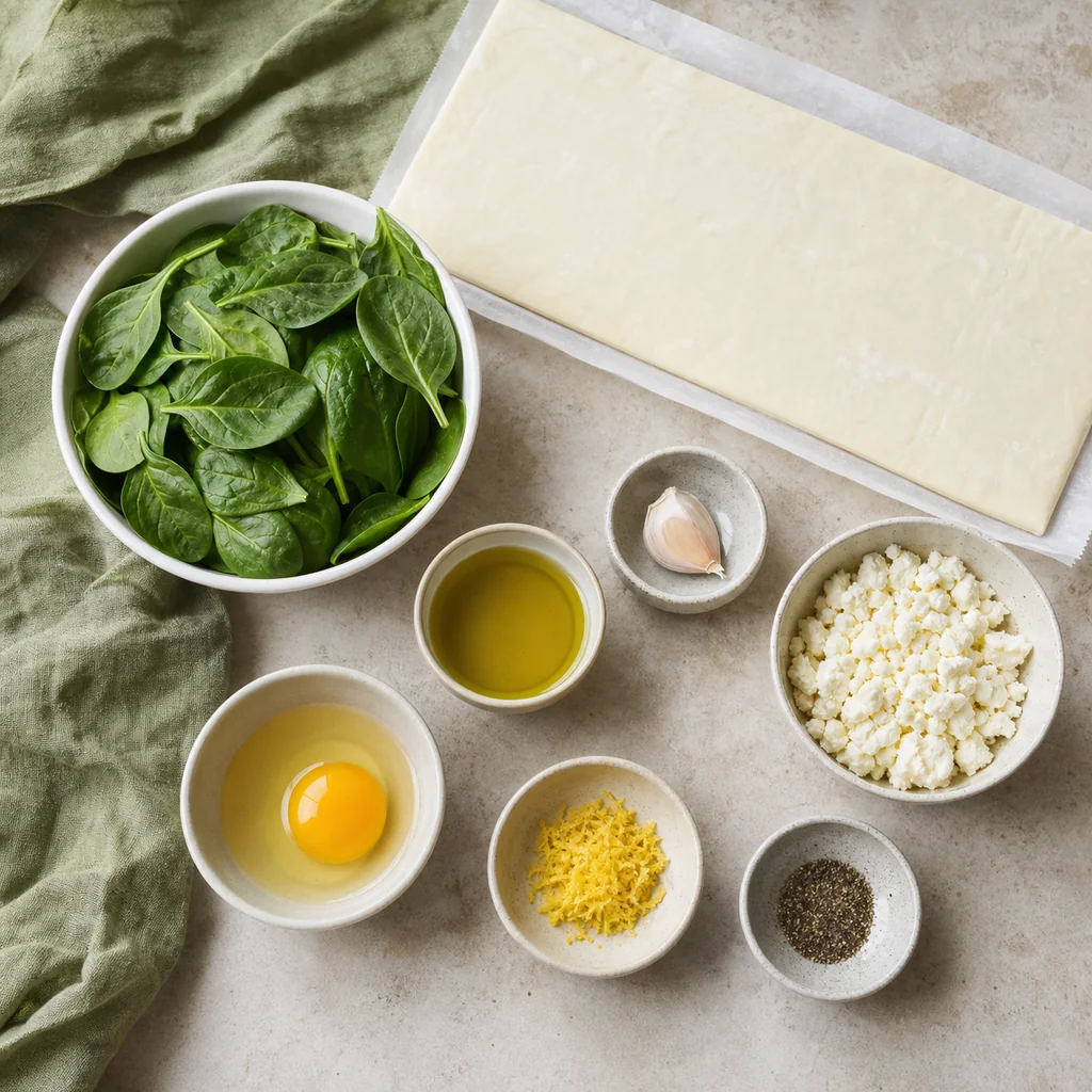 Measured ingredients for spinach feta puff pastry tart