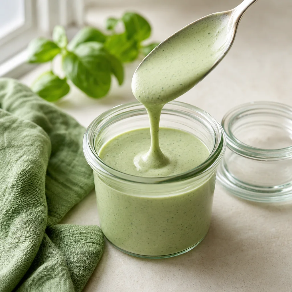 Pourable ribbon consistency of Greek yogurt basil dressing