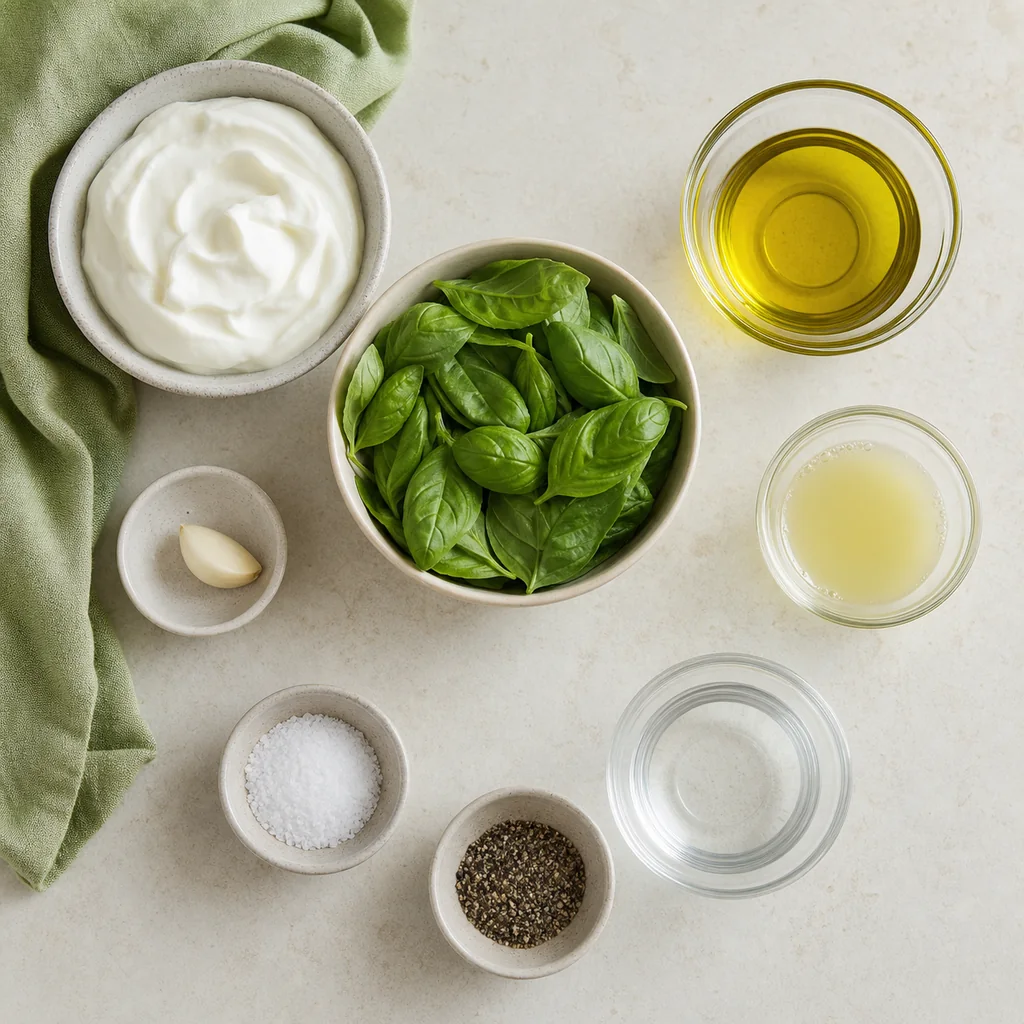 Measured ingredients for Greek yogurt basil dressing