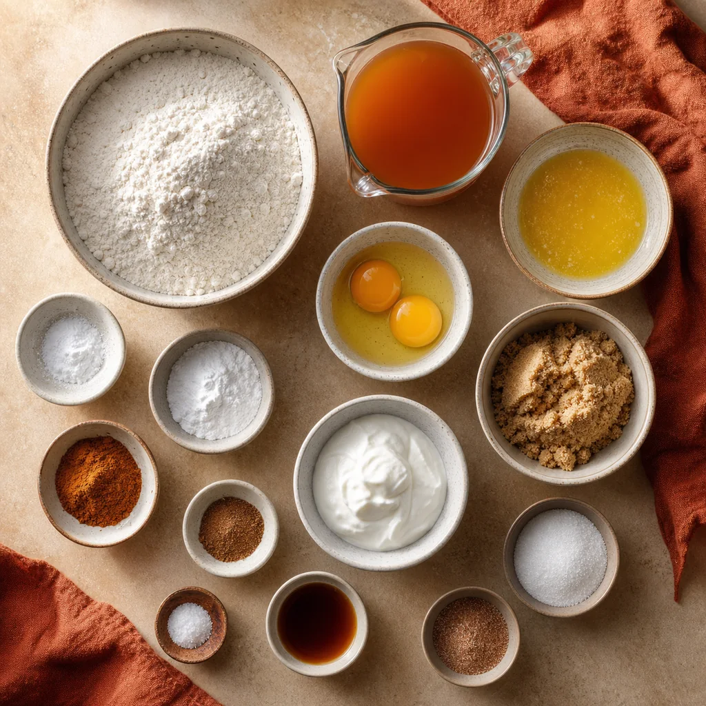 Measured ingredients for apple cider donut muffins