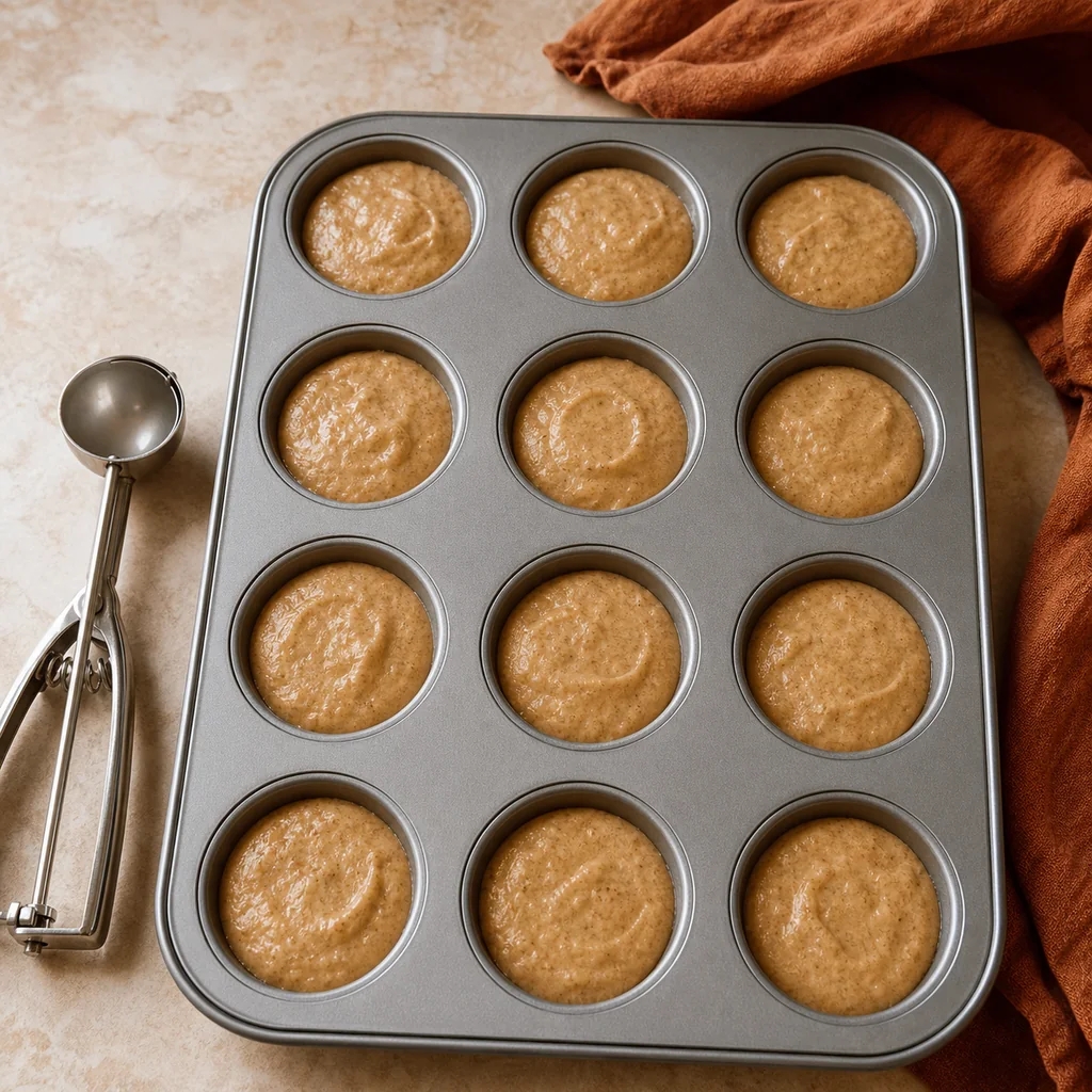 Apple cider muffin batter divided among twelve cups