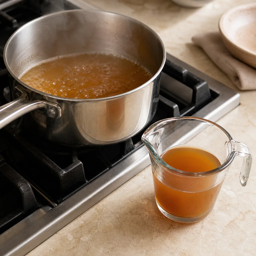 Nonalcoholic apple cider reducing in a saucepan