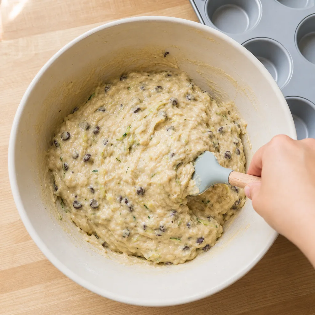 Greek yogurt zucchini muffin batter folded until combined