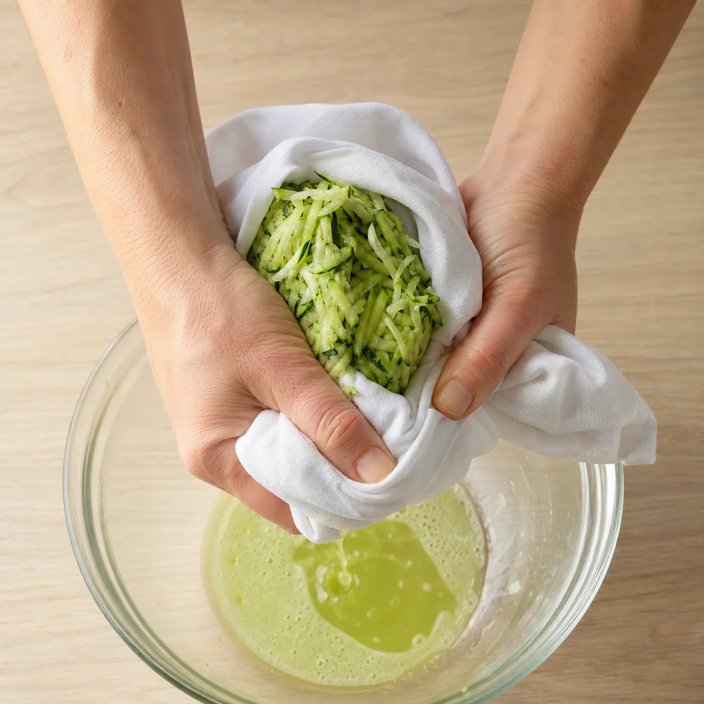 Finely shredded zucchini being squeezed dry