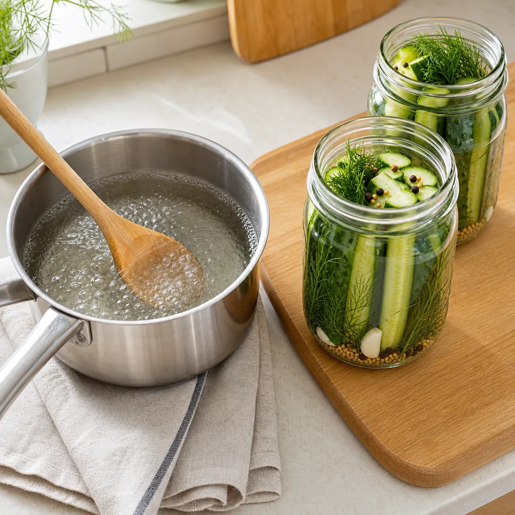 Clear vinegar brine simmering beside packed cucumber jars