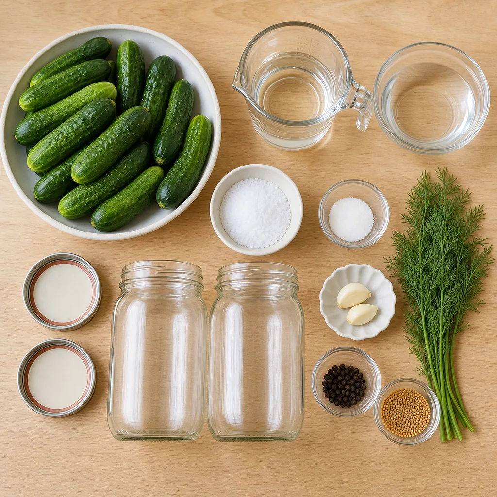 Measured ingredients for refrigerator dill pickles