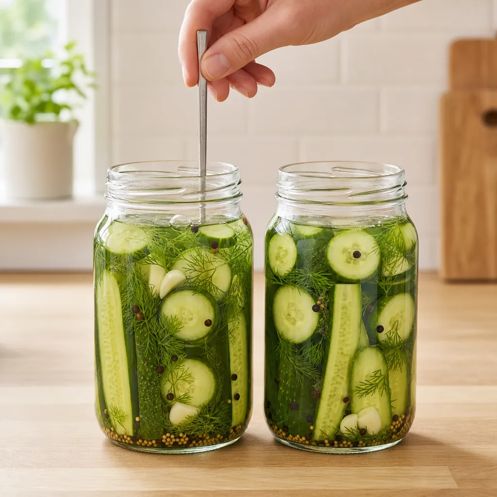 Cucumber slices submerged under clear dill pickle brine