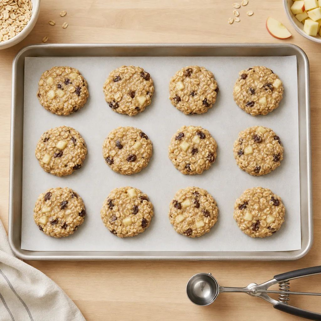 Twelve equal apple oatmeal cookie dough portions