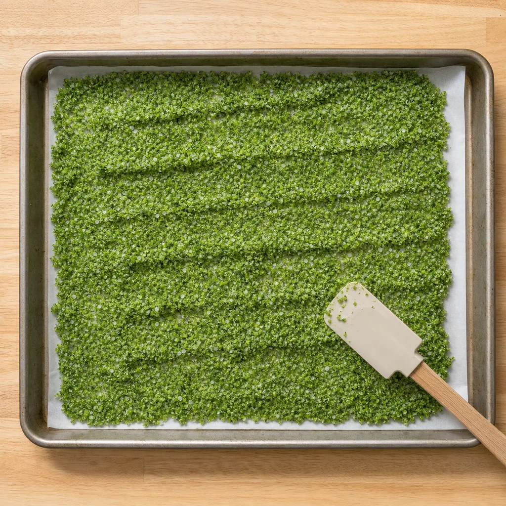 Fresh basil salt spread in a thin layer for drying