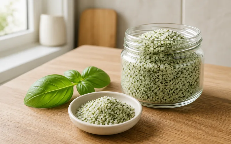 Homemade basil salt with fresh basil