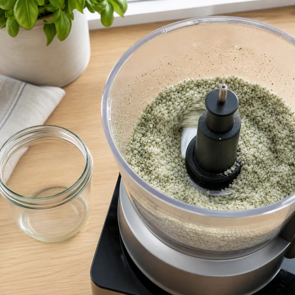 Dry basil salt pulsed to break small clumps