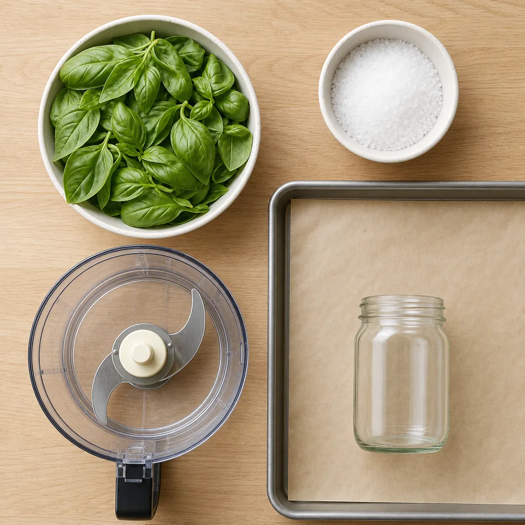Fresh basil, coarse salt, processor, pan and storage jar