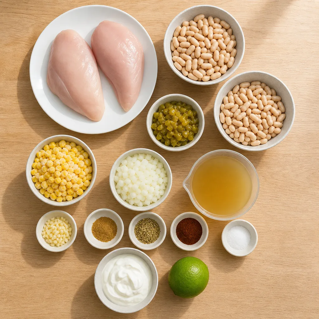 White chicken chili ingredients with raw chicken separated