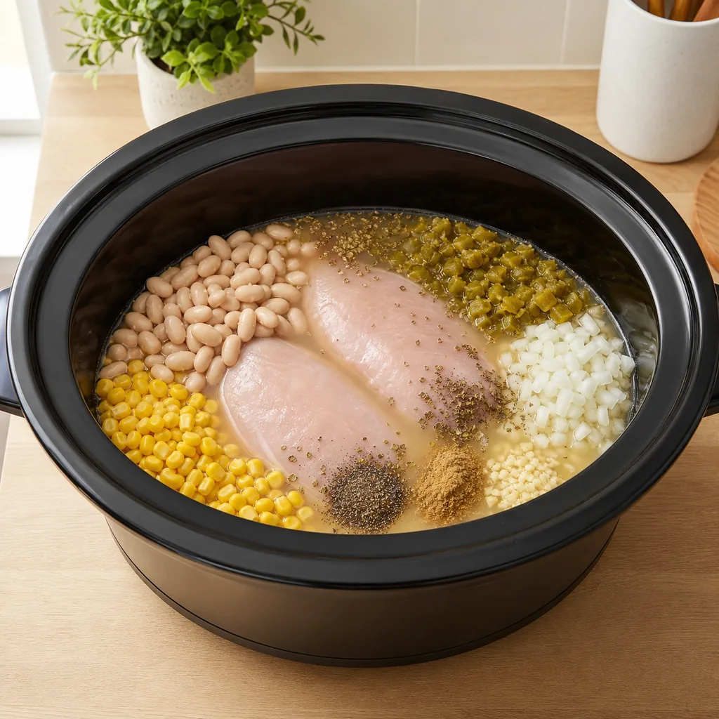 Uncooked white chicken chili layered in a slow cooker