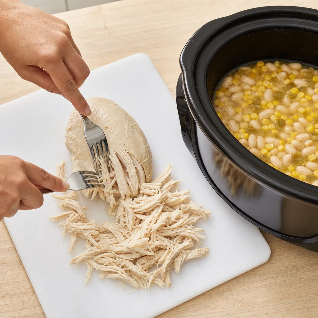 Fully cooked chicken breast shredded with two forks