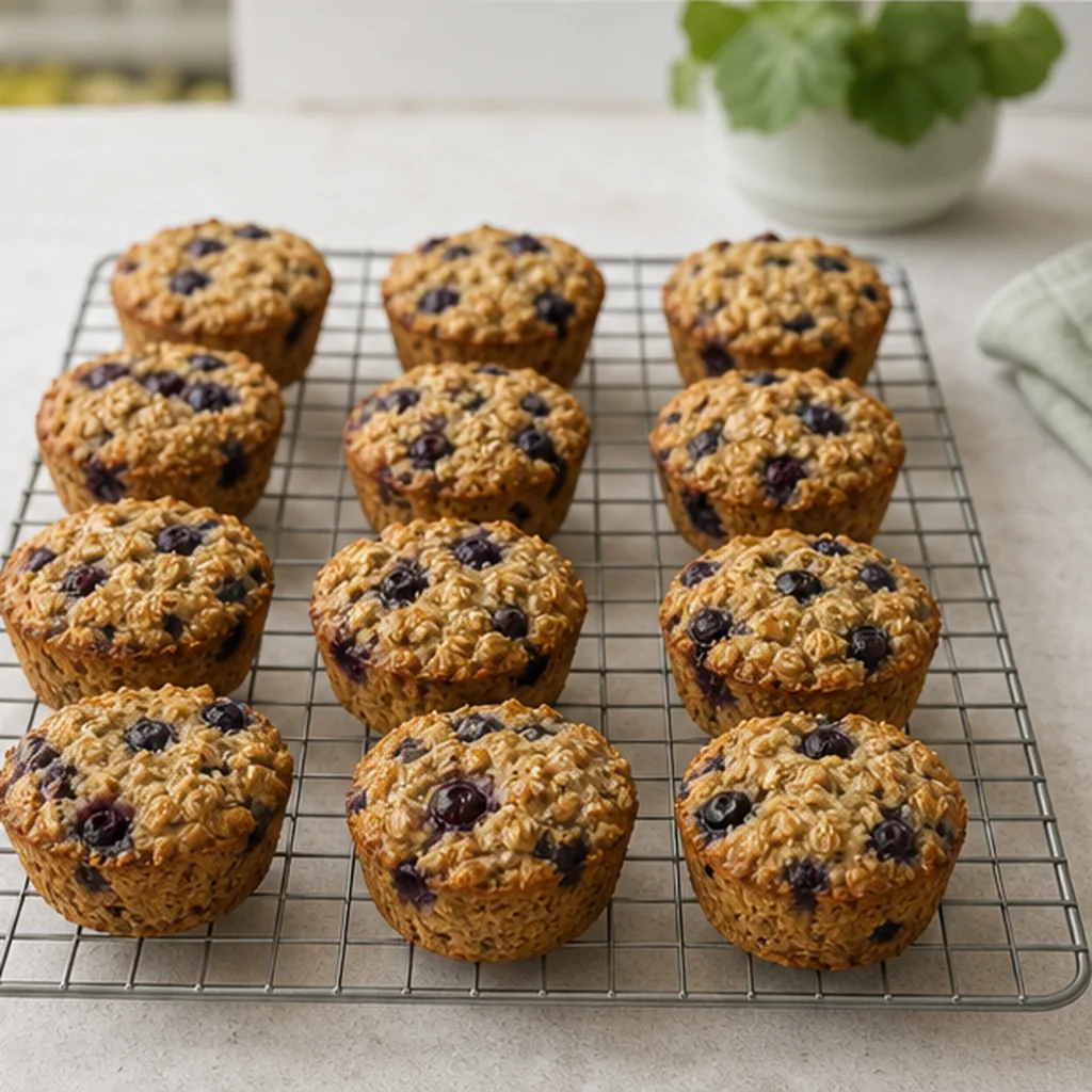 Finished blueberry baked oatmeal cups cooling on a rack
