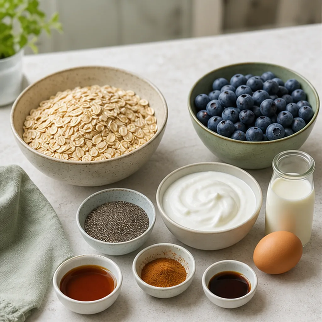 Ingredients for high-fiber blueberry baked oatmeal cups