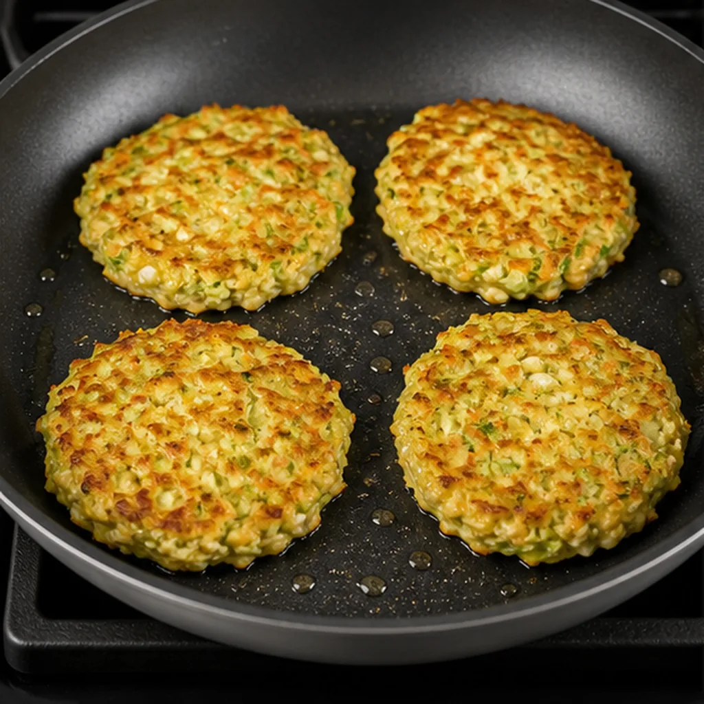 Cabbage fritters cooking until golden in a skillet
