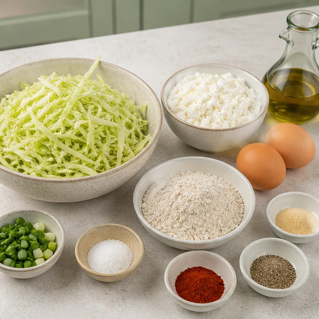 Ingredients for cottage cheese cabbage fritters