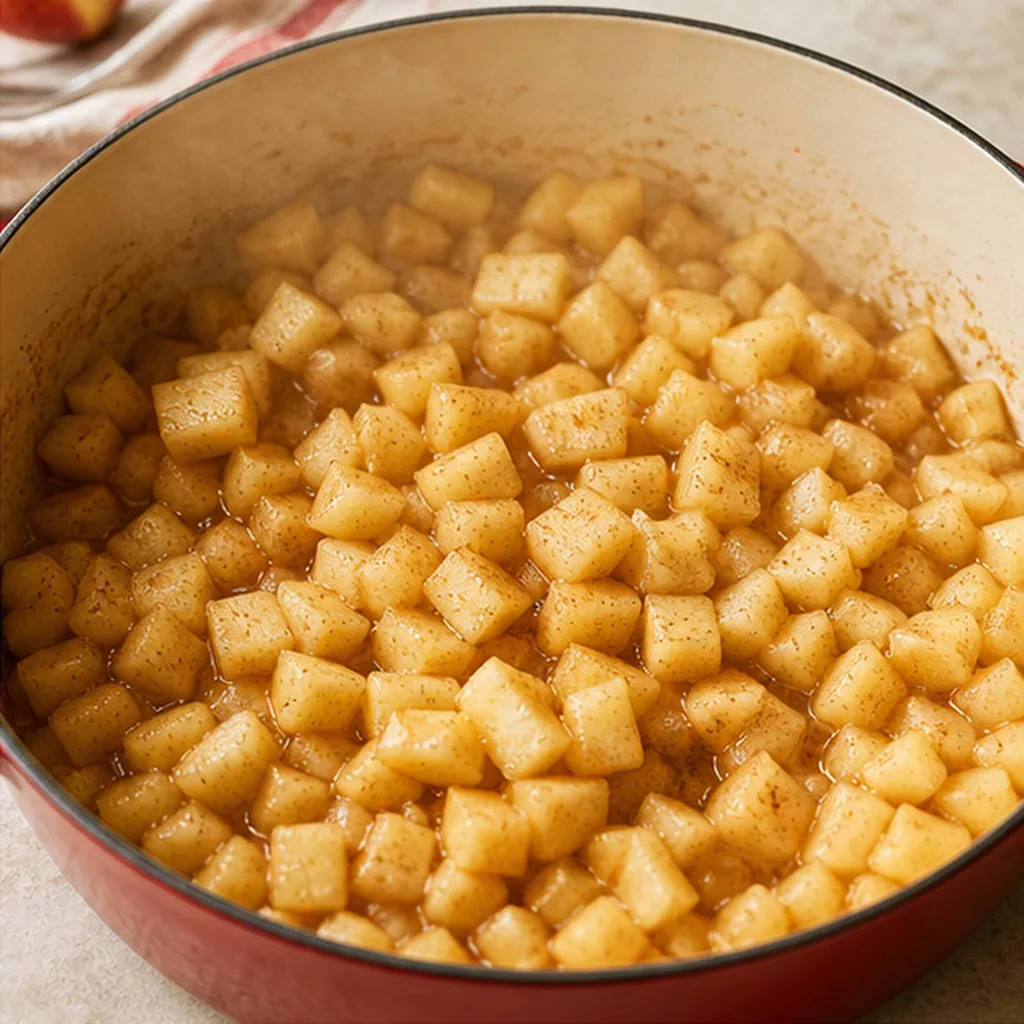 Diced apples simmering with cinnamon for jam