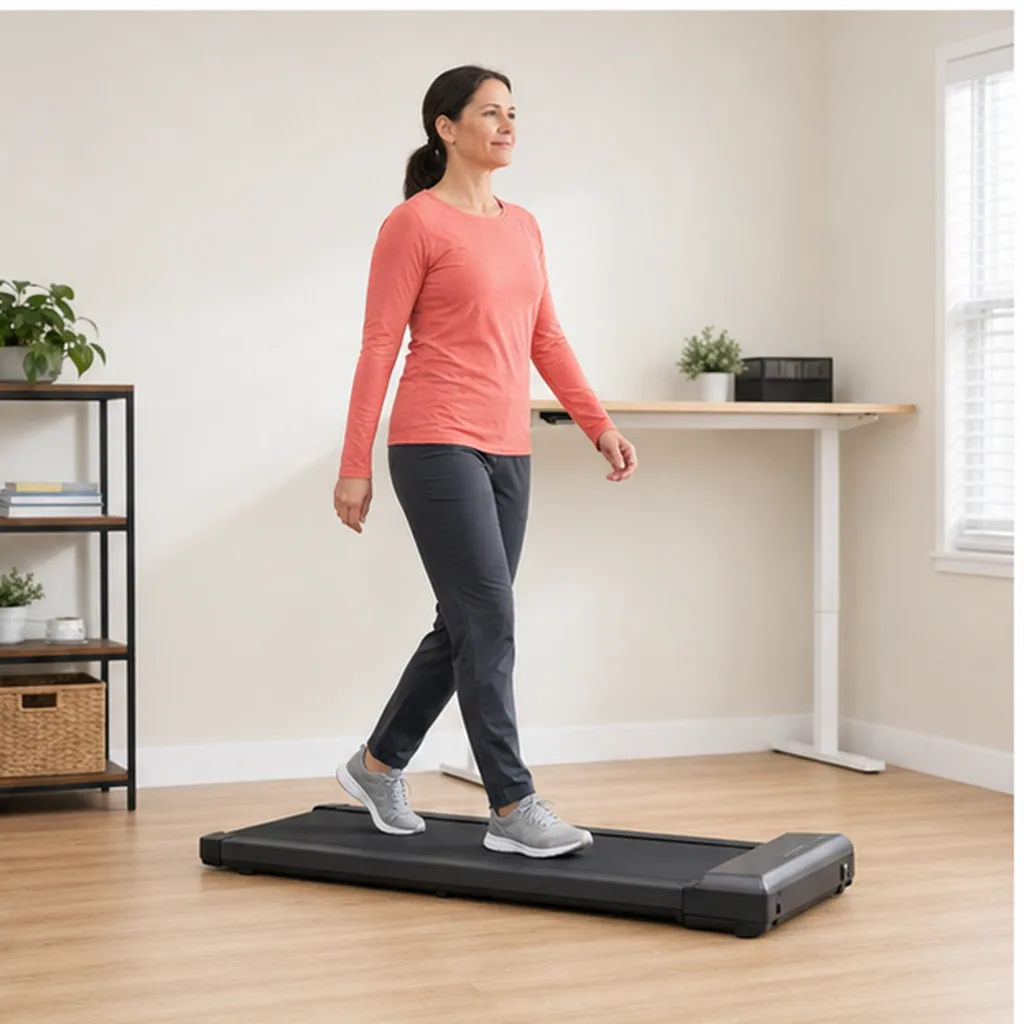 Beginner walking slowly on a walking pad
