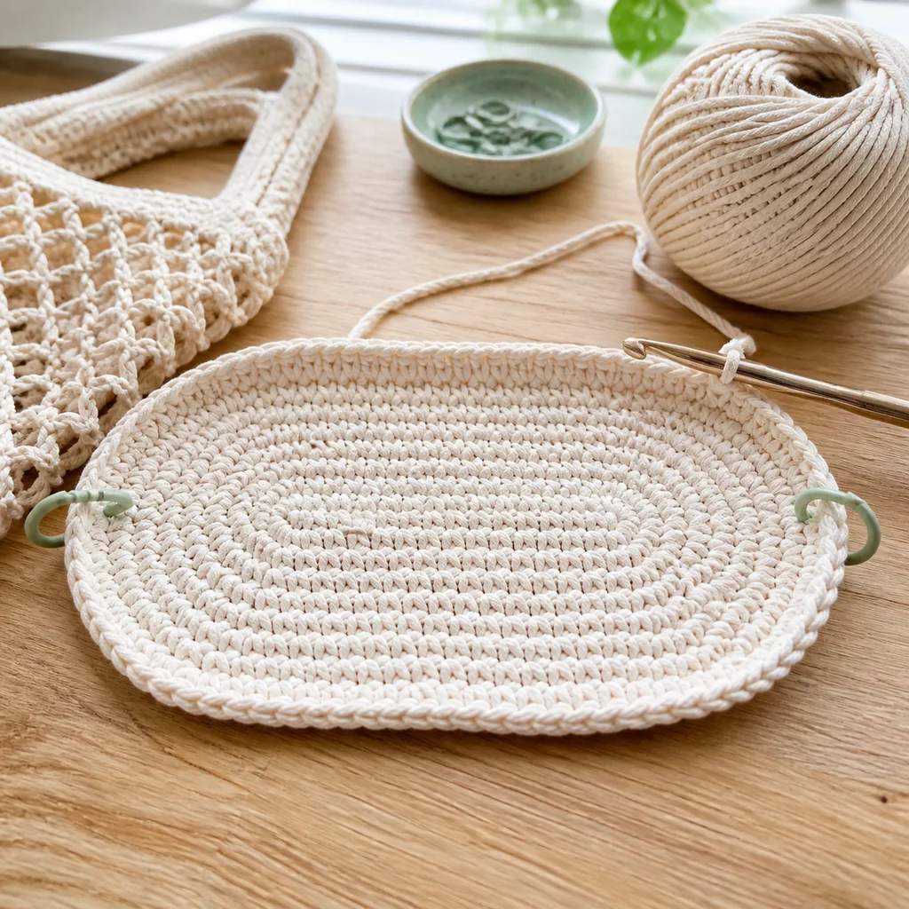 Solid oval crochet base for a cream mesh market bag