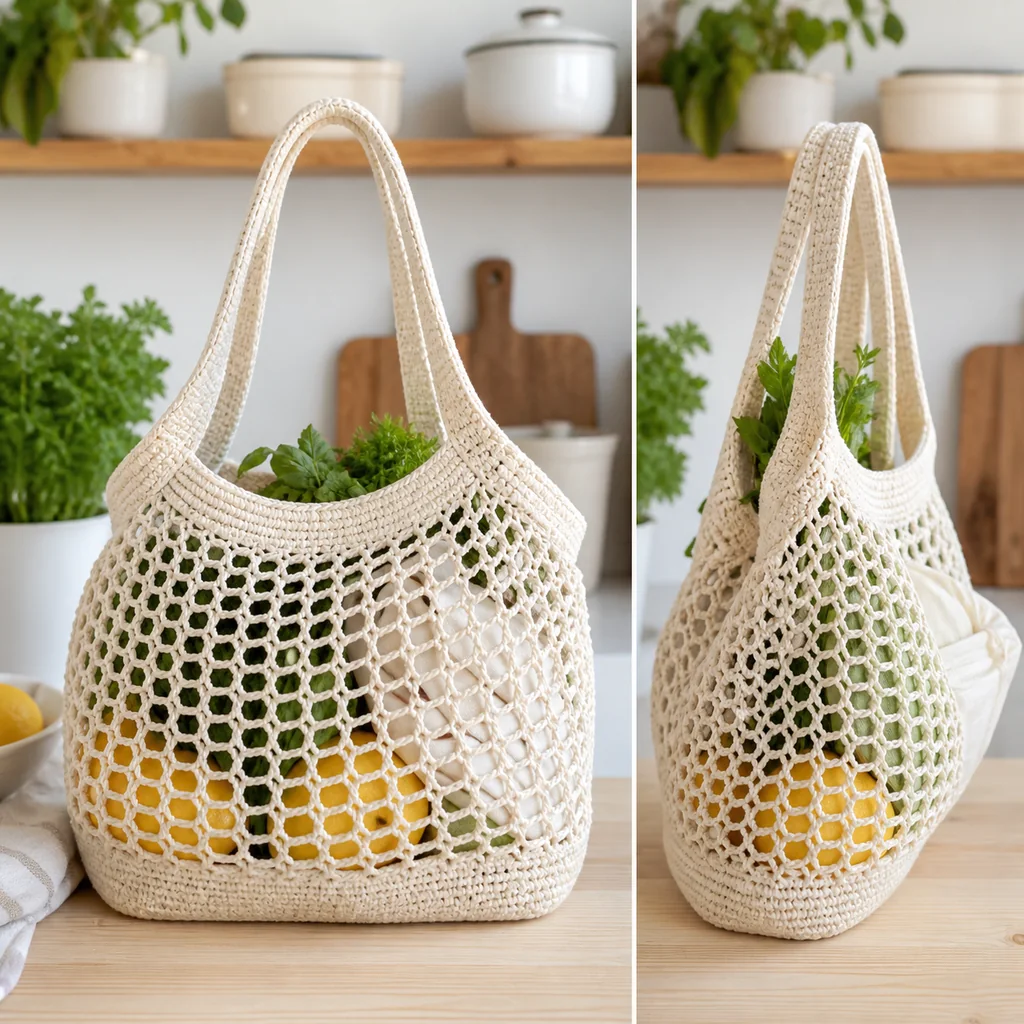 Finished cream crochet mesh market bag with solid base and two handles