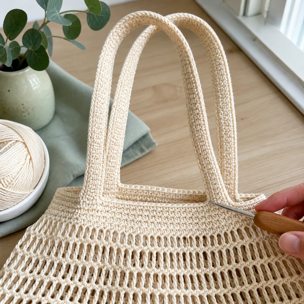 Reinforced crochet handles on a cream mesh market bag