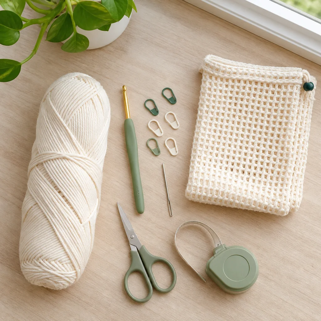 Materials for a beginner cream crochet mesh market bag