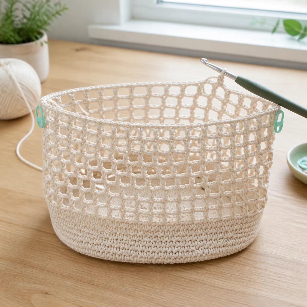 Open mesh crochet market bag body growing from a solid base