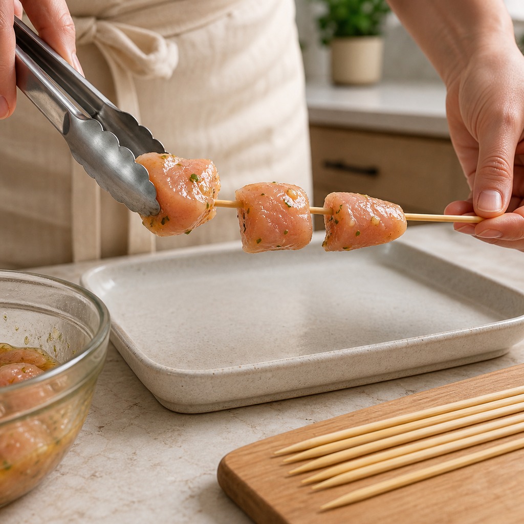 Using tongs to thread marinated raw chicken cubes onto one wooden skewer