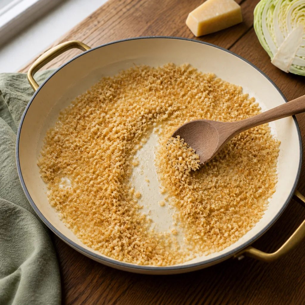 Garlic panko breadcrumbs toasted until golden in butter.
