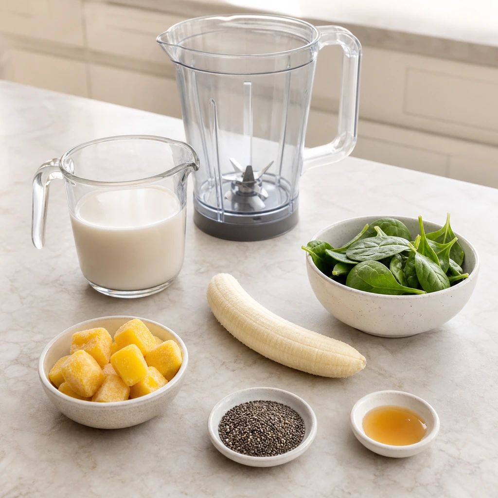 Almond milk banana frozen mango spinach chia and optional honey